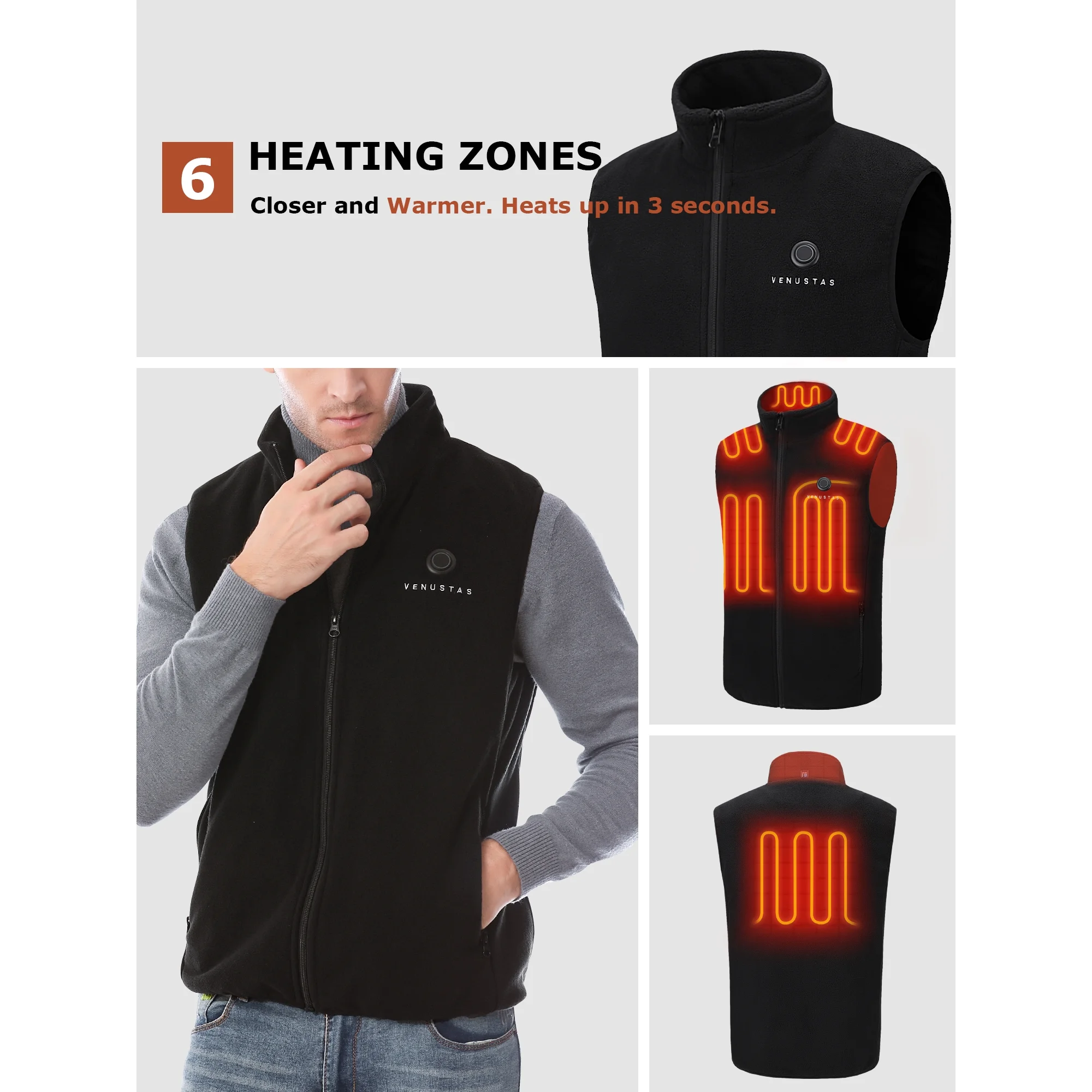 Venustas Men's Fleece Heated Vest with Battery Pack 7.4V, Lightweight Hunting Vest