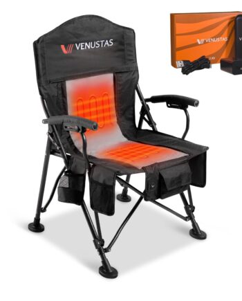 Venustas Oversized Heated Camping Chair, Portable Heated Folding Chairs, Patio Lounge Chairs with 3 Heat Levels, Heating Chair with Removable Cushion for Camping, Outdoor Sports (Black)