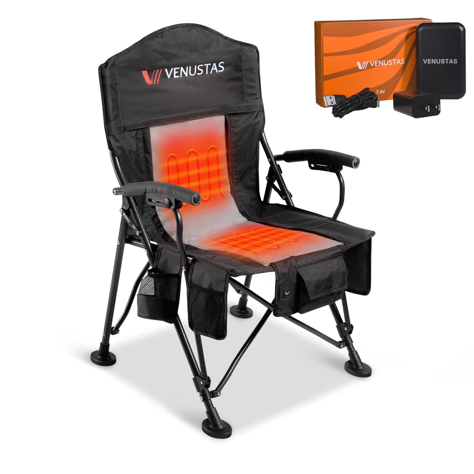 Venustas Oversized Heated Camping Chair, Portable Heated Folding Chairs, Patio Lounge Chairs with 3 Heat Levels, Heating Chair with Removable Cushion for Camping, Outdoor Sports (Black)