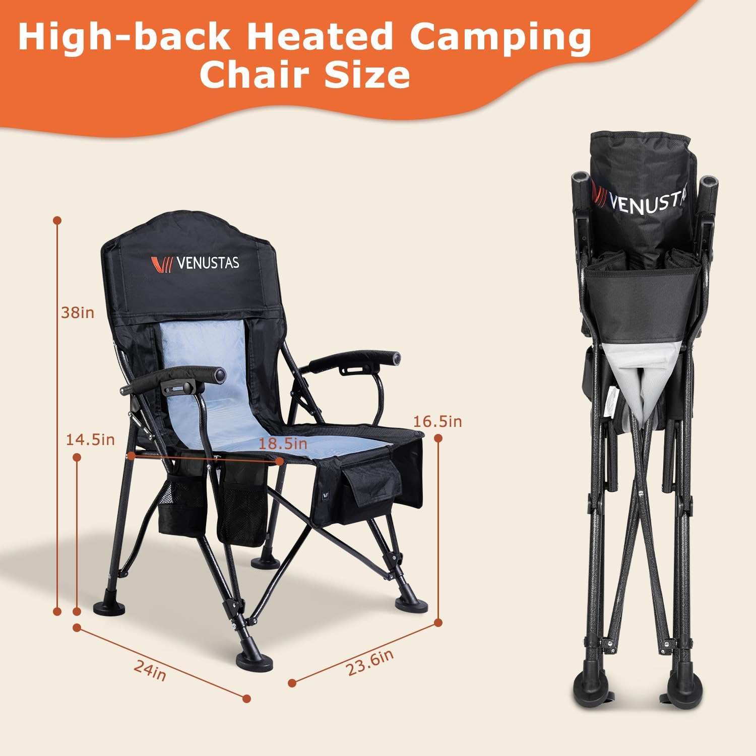 Venustas Oversized Heated Camping Chair, Portable Heated Folding Chairs, Patio Lounge Chairs with 3 Heat Levels, Heating Chair with Removable Cushion for Camping, Outdoor Sports (Black)