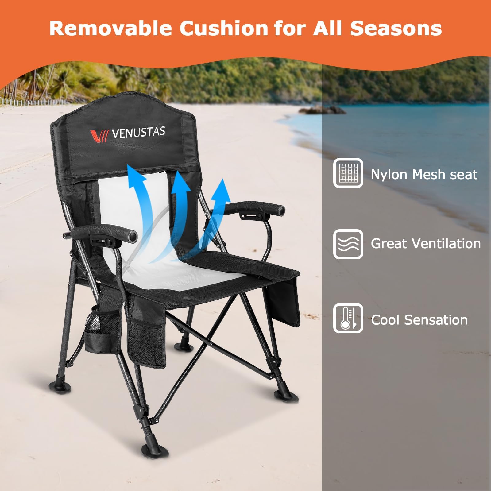 Venustas Oversized Heated Camping Chair, Portable Heated Folding Chairs, Patio Lounge Chairs with 3 Heat Levels, Heating Chair with Removable Cushion for Camping, Outdoor Sports (Black)