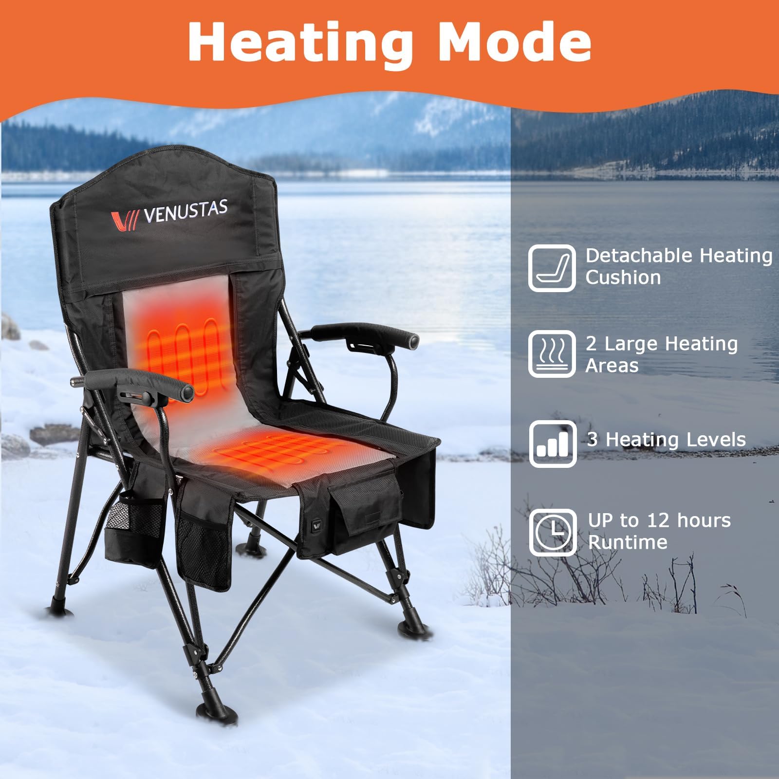 Venustas Oversized Heated Camping Chair, Portable Heated Folding Chairs, Patio Lounge Chairs with 3 Heat Levels, Heating Chair with Removable Cushion for Camping, Outdoor Sports (Black)