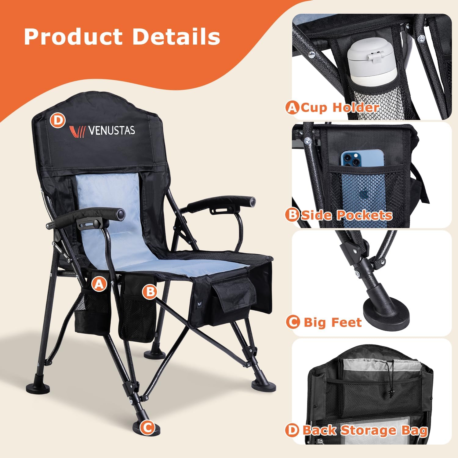 Venustas Oversized Heated Camping Chair, Portable Heated Folding Chairs, Patio Lounge Chairs with 3 Heat Levels, Heating Chair with Removable Cushion for Camping, Outdoor Sports (Black)