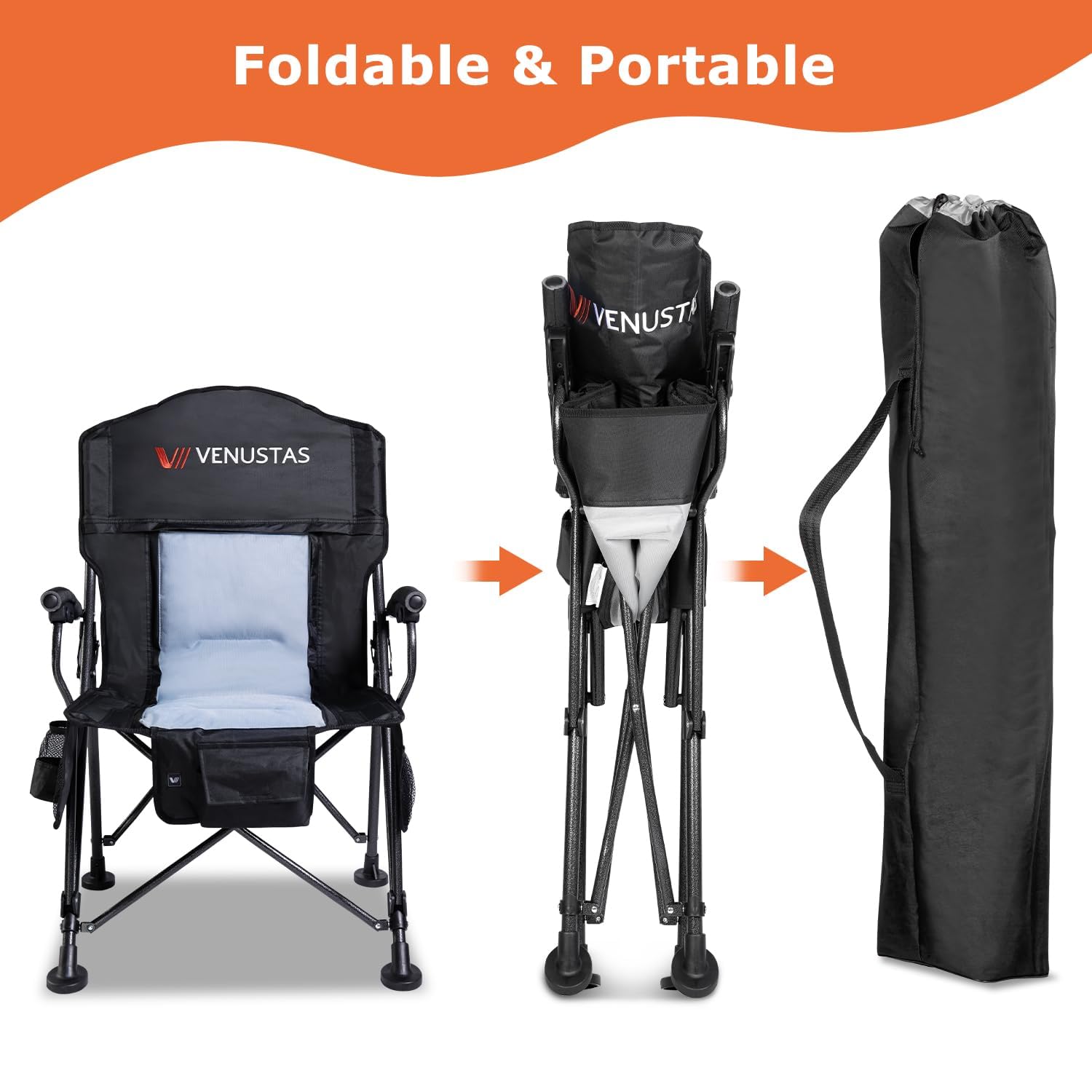 Venustas Oversized Heated Camping Chair, Portable Heated Folding Chairs, Patio Lounge Chairs with 3 Heat Levels, Heating Chair with Removable Cushion for Camping, Outdoor Sports (Black)