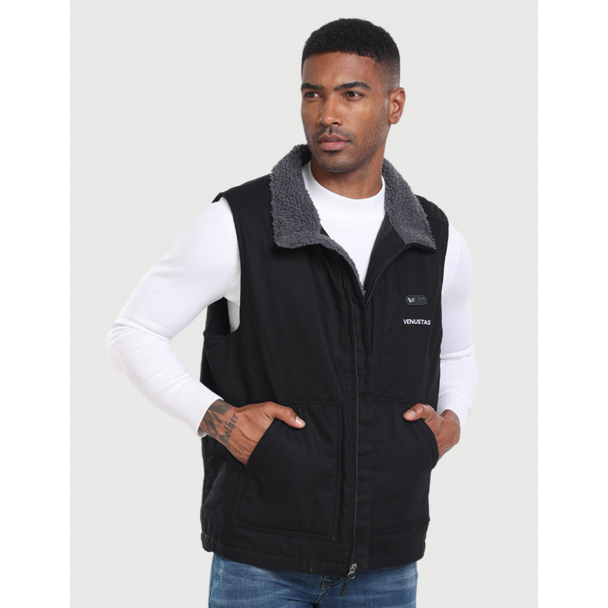 Venustas Men's Dual-Control Heated Canvas Vest with 11V Battery, Sherpa-Lined Electric Work Vest, Winter Hunting Vest