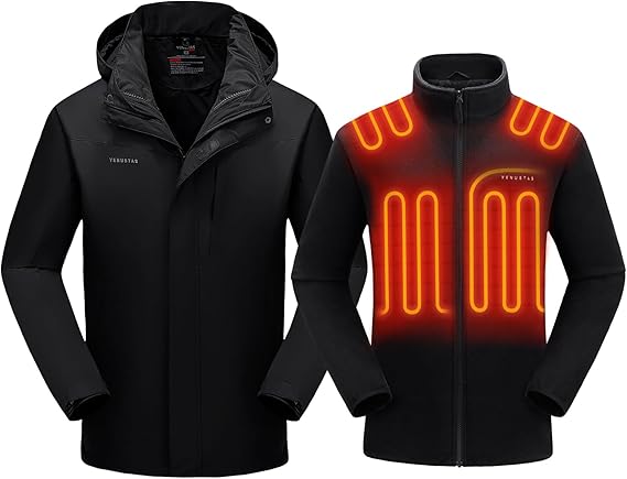 Venustas Men's 3-in-1 Heated Jacket with Battery Pack 7.4V, Ski Jacket Winter Jacket with Removable Hood Water-Resistant