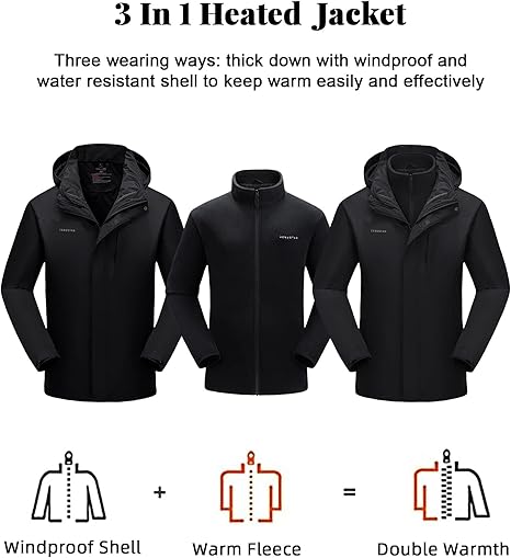 Venustas Men's 3-in-1 Heated Jacket with Battery Pack 7.4V, Ski Jacket Winter Jacket with Removable Hood Water-Resistant